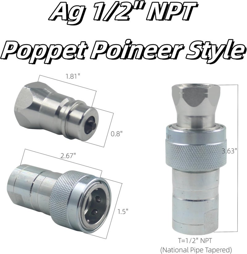 BLUEAGLE 1/2'' Ag Hydraulic Quick Connect Tractor Couplers with Dust Caps,Poppet Valve Pioneer Style ISO 5675 Hydraulic Quick Coupler - Image 2